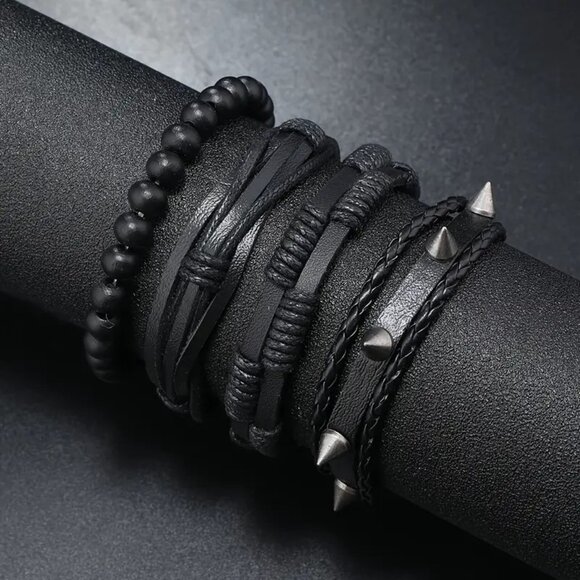 Cuff Bracelet Leather 4pc Black Spike Beads Rave  Rock Edgy Goth Grunge Punk Emo - Picture 3 of 4